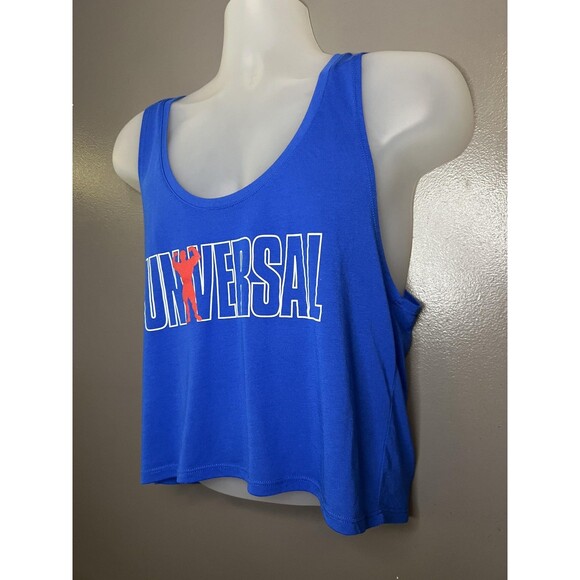 Universal USA Tank Top Womens Medium Blue Cropped Graphic Gym Fitness Muscle - Picture 3 of 5